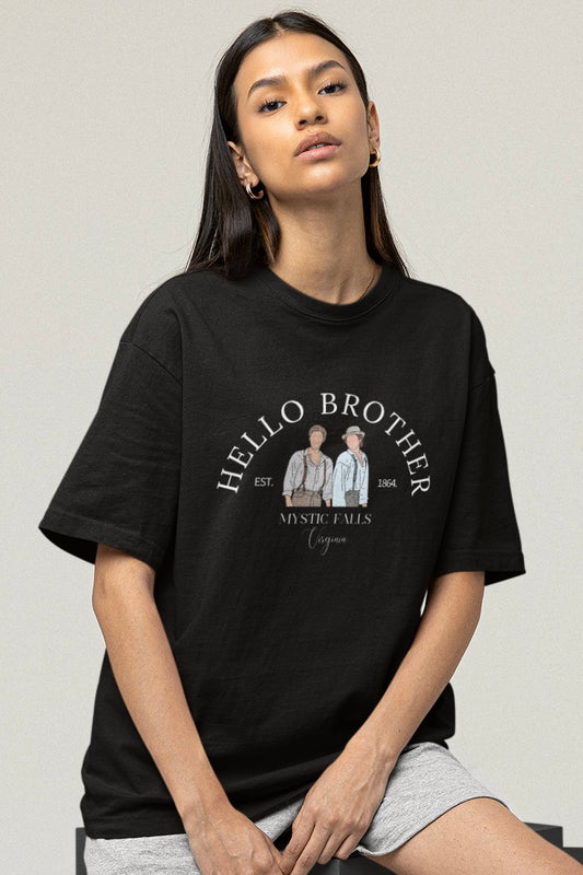 Hello Brother (The Vampire Diaries) Graphic Printed Black Oversized T shirt