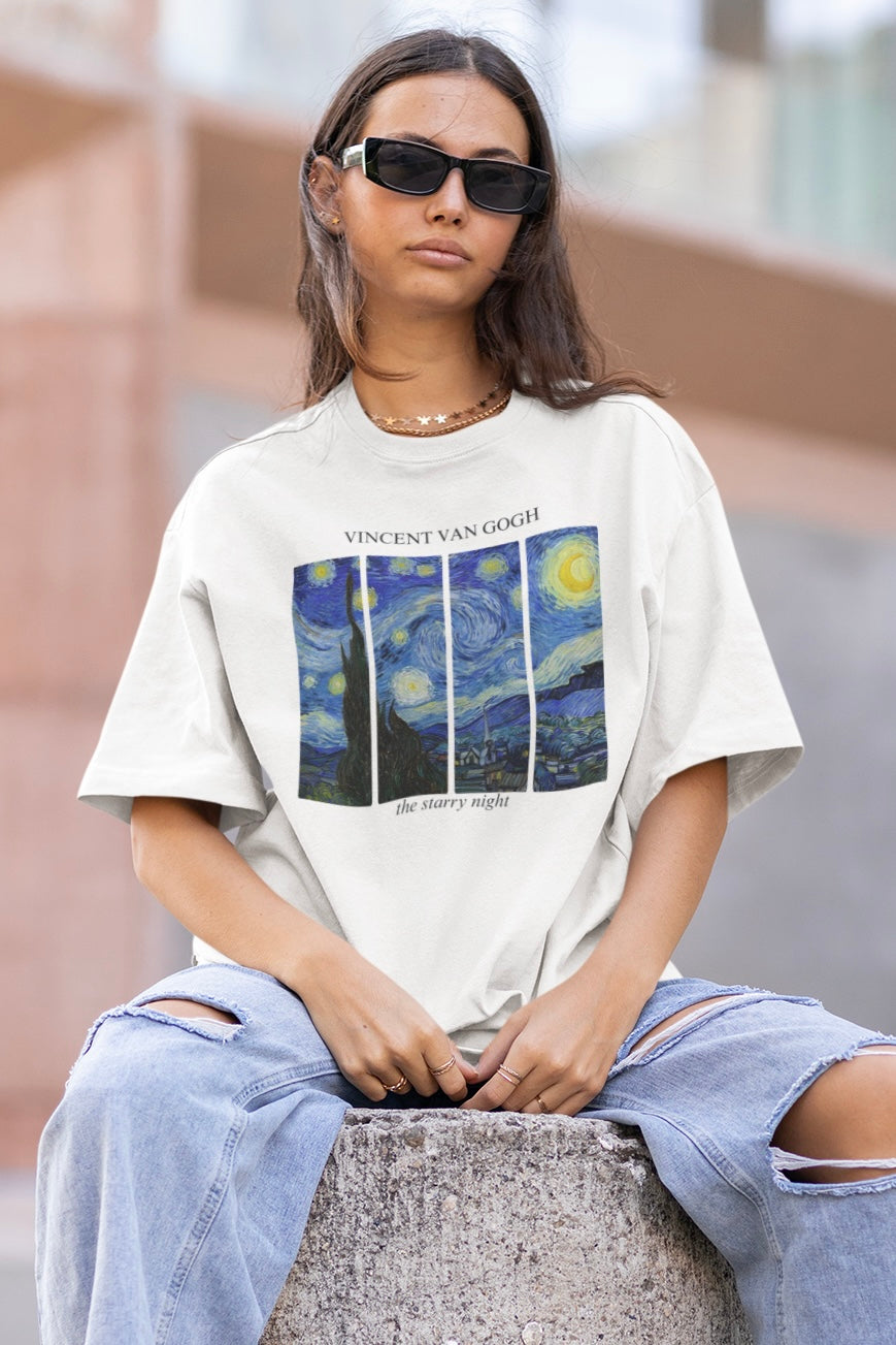 Vincent Van Gogh (The Starry Night) Graphic Printed Unisex White Oversized T Shirt