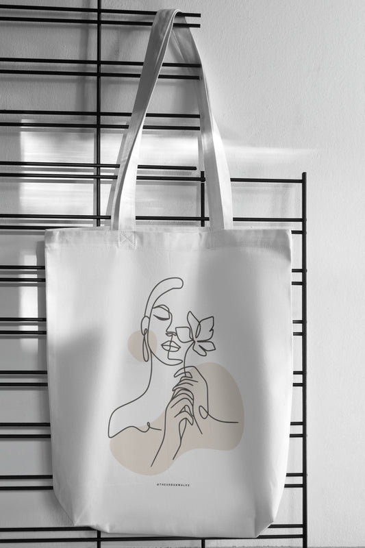 Aesthetic Abstract Line Art White Tote Bag with Zipper