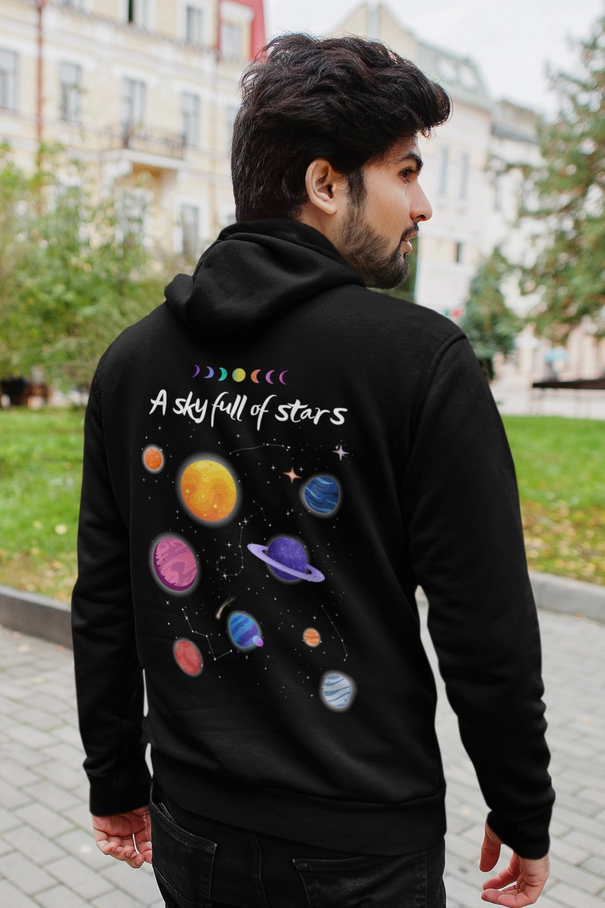 A Sky Full Of Stars Planets Black Hooded Sweatshirt (Back Side Printed)