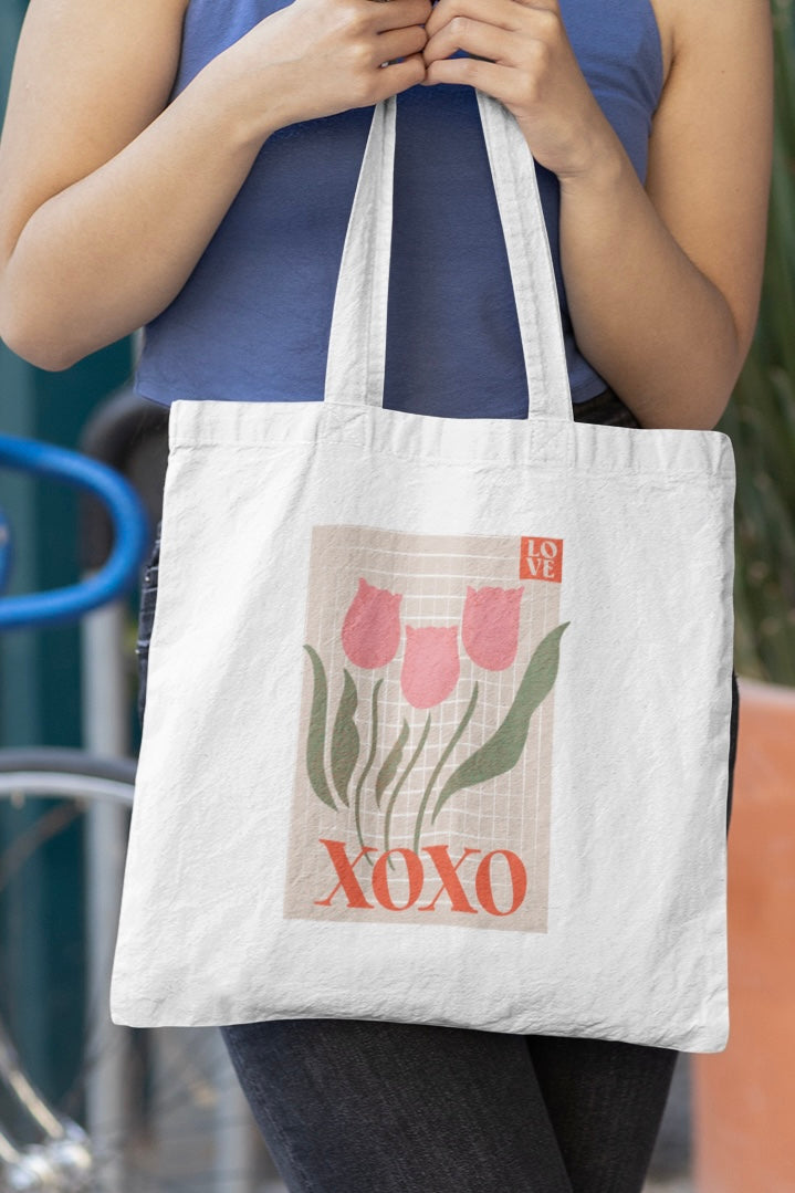 Tulips Stamp XOXO White Tote Bag with Zipper (Coquette Themed)