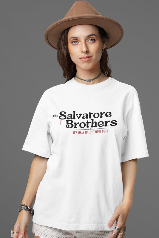 The Salvatore Brothers (The Vampire Diaries) Graphic Printed White Oversized T shirt