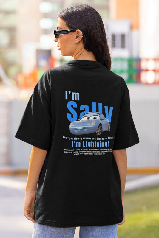 Sally Carrera Lightning CARS Unisex Black Back Side Printed Only Oversized T-shirt