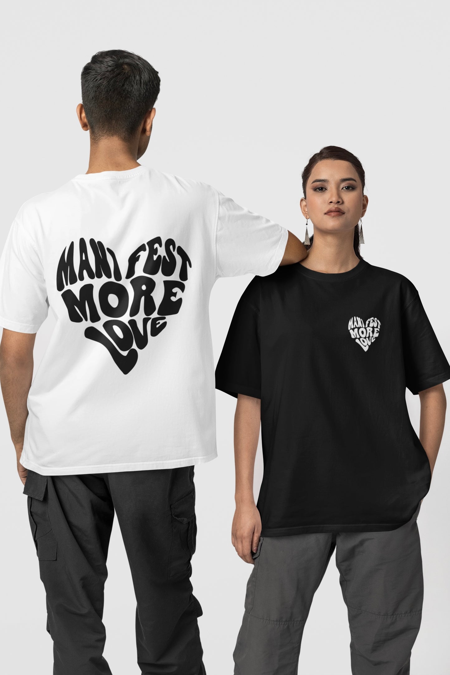 2 Pack : Manifest More Love (Both Side Printed) Black & White Unisex Couple Matching Oversized T-shirts