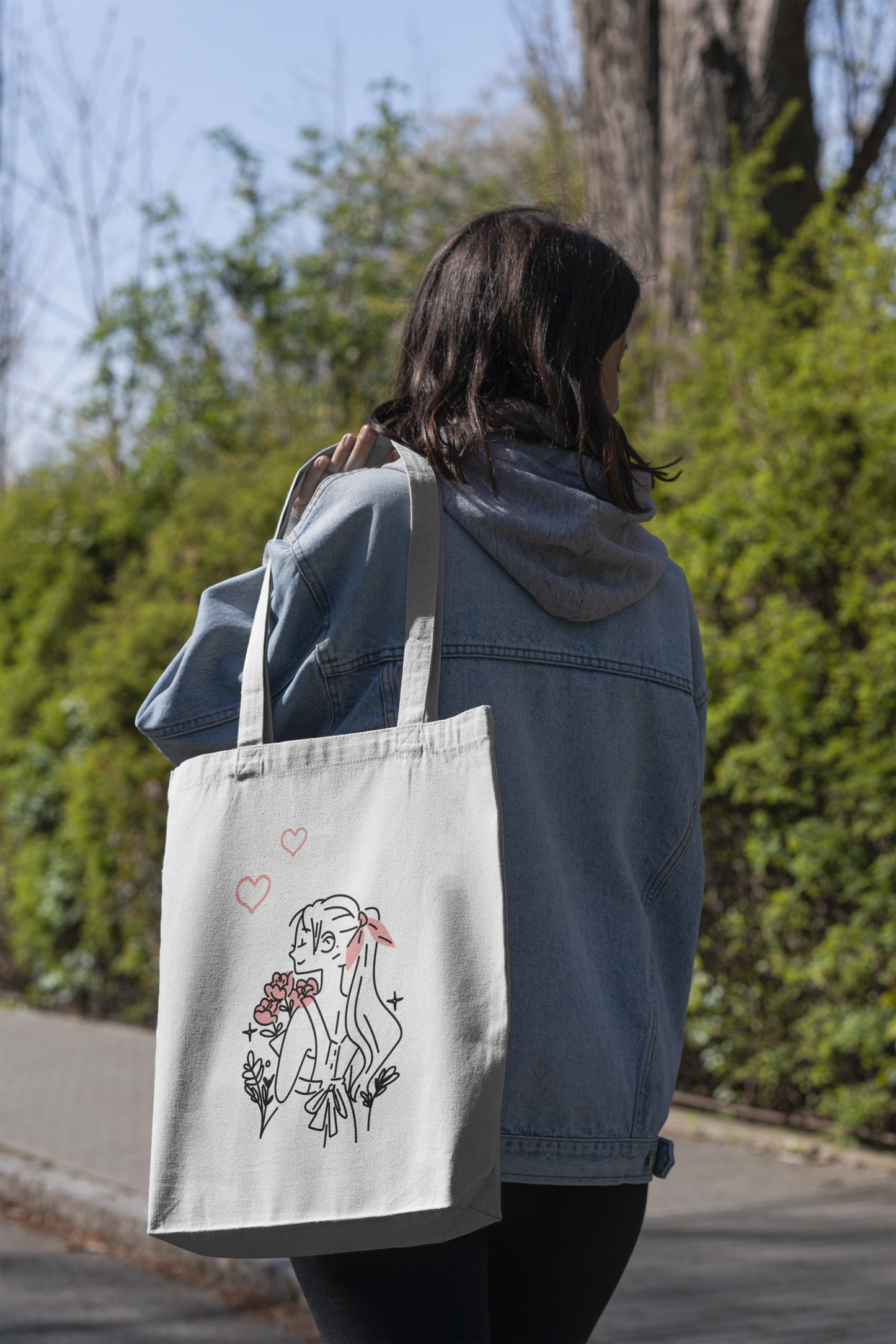 White Aesthetic Tote Bag with Zipper ( Girl with a bouquet )