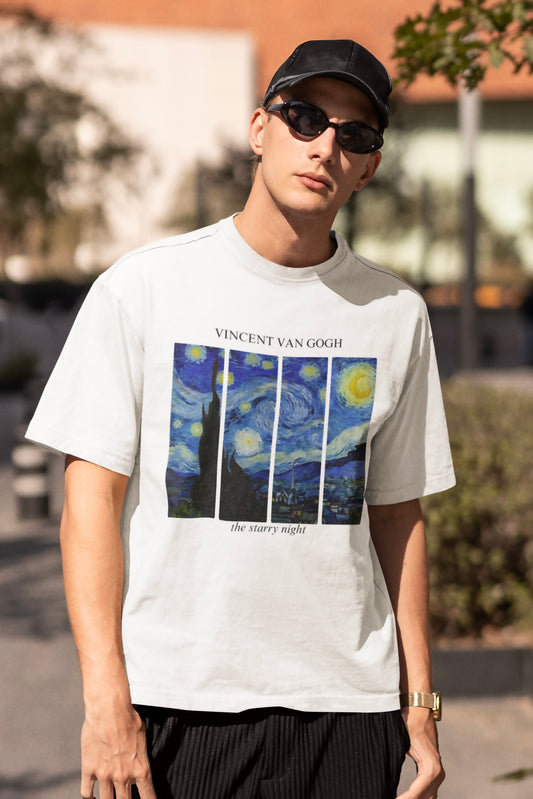 Vincent Van Gogh (The Starry Night) Graphic Printed Unisex White Oversized T Shirt