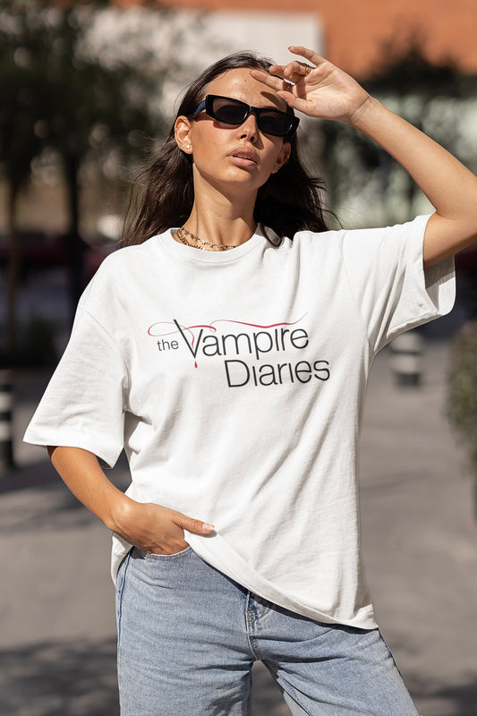 The Vampire Diaries Graphic Printed White Oversized T shirt