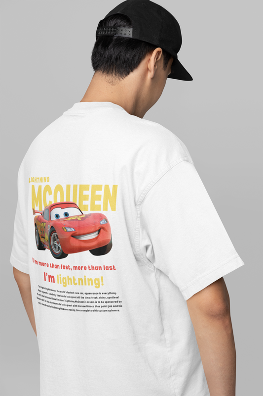 Lightning McQueen CARS Unisex Back Side Printed Only White Oversized T-shirt