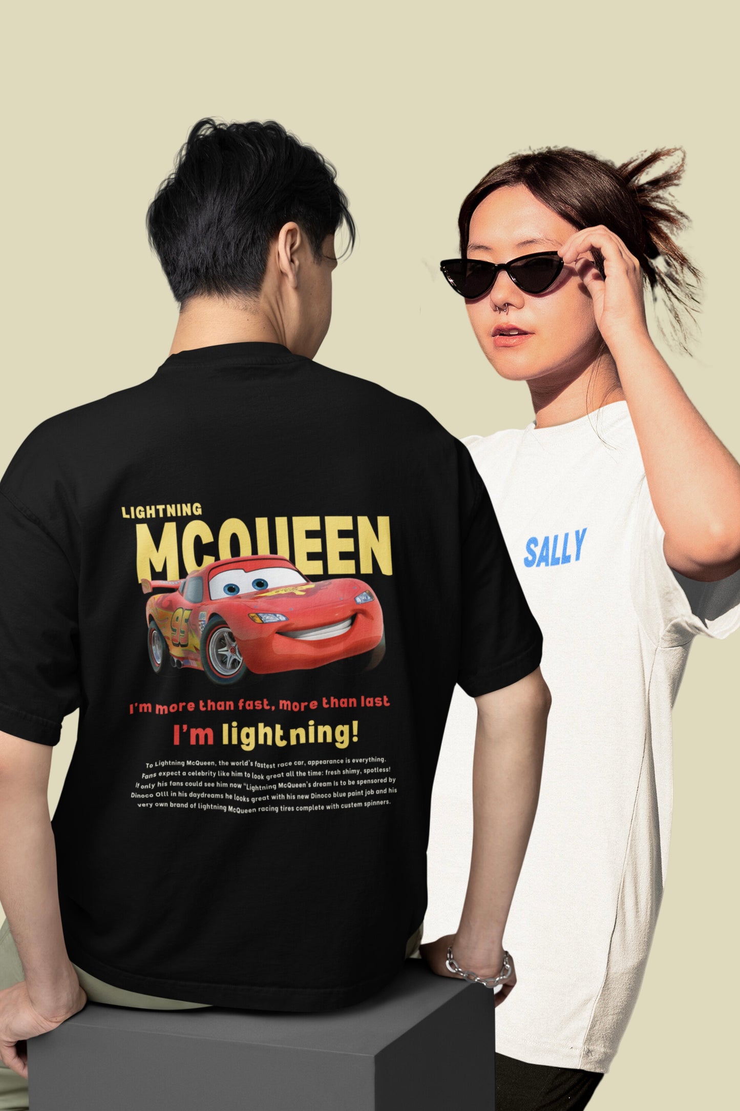 2 Pack : Mcqueen Sally (Both Side Printed) Unisex Couple Oversized T-shirts Black & White