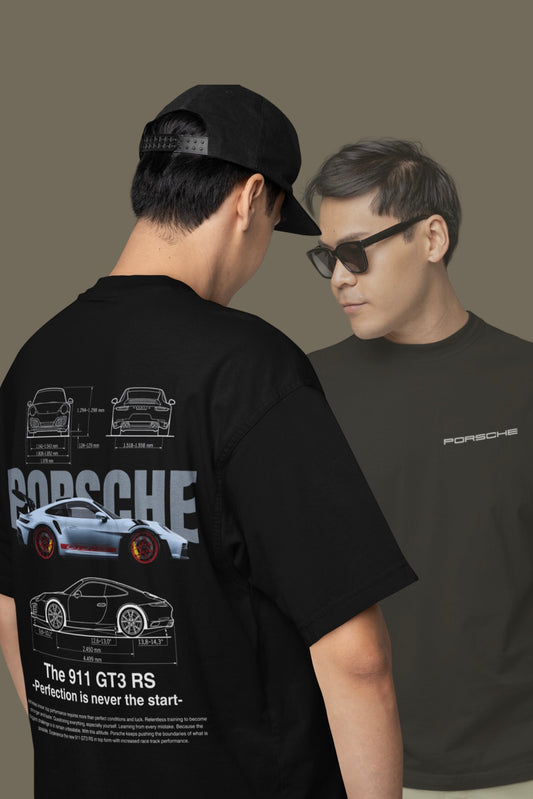 PORSCHE GT3-RS 911 Both Side Printed Black Unisex Oversized T-shirt