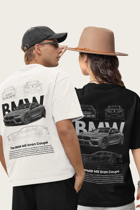 2 Pack : BMW M8 Gran Coupe Unisex (Back side printed) Matching Couple Oversized T-shirts Black & White