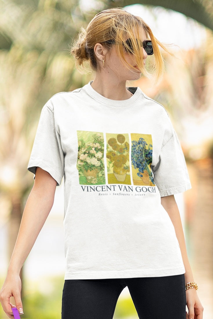 Vincent Van Gogh (Roses, Sunflowers & Irises) Graphic Printed Unisex White Oversized T Shirt