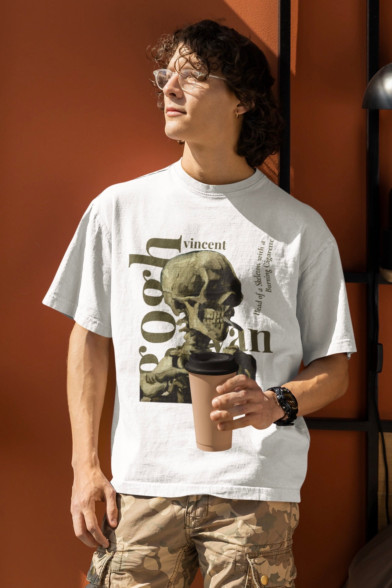 Skull of a Skeleton with Burning Cigarette (Vincent Van Gogh) Graphic Printed Unisex White Oversized T Shirt