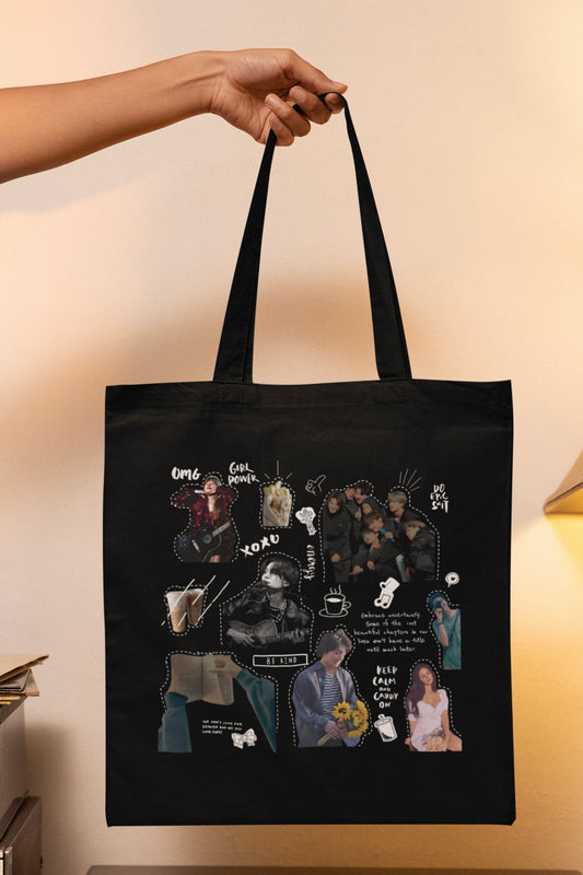 Collage Doodle Art Black Tote Bag with Zipper