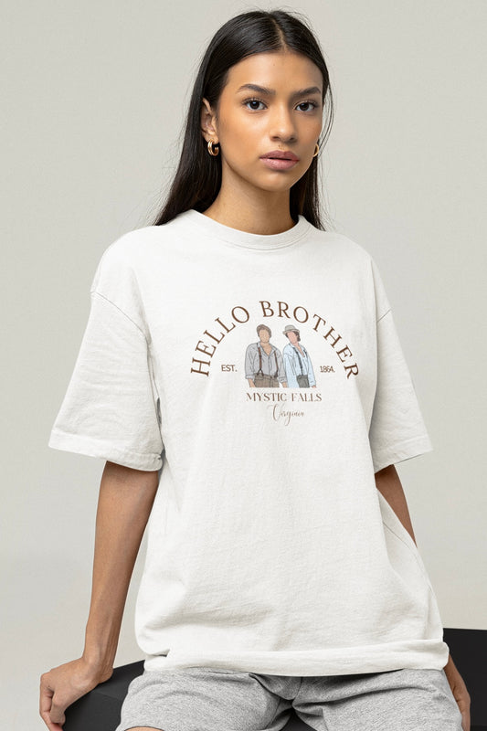 Hello Brother (The Vampire Diaries) Graphic Printed White Oversized T shirt
