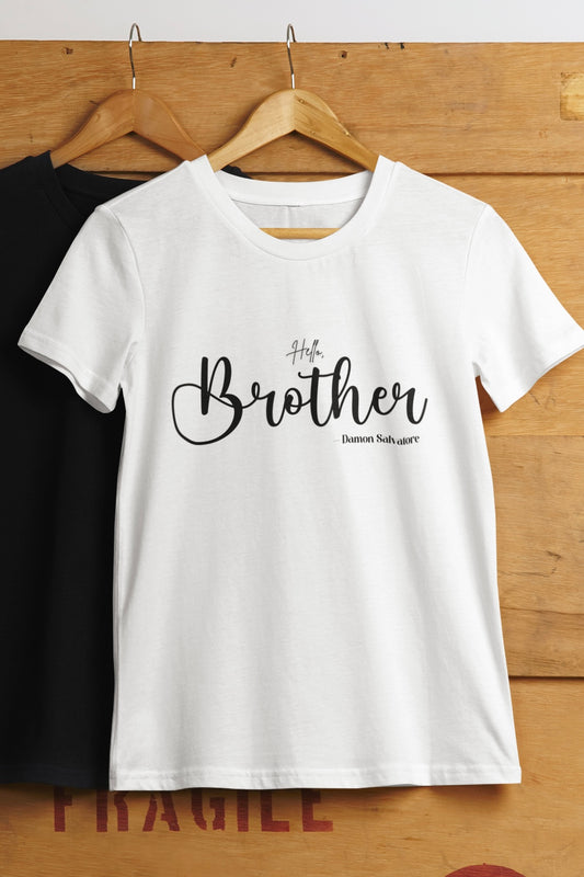 Hello brother - Damon Salvatore (The Vampire Diaries) Graphic Printed White Oversized T shirt