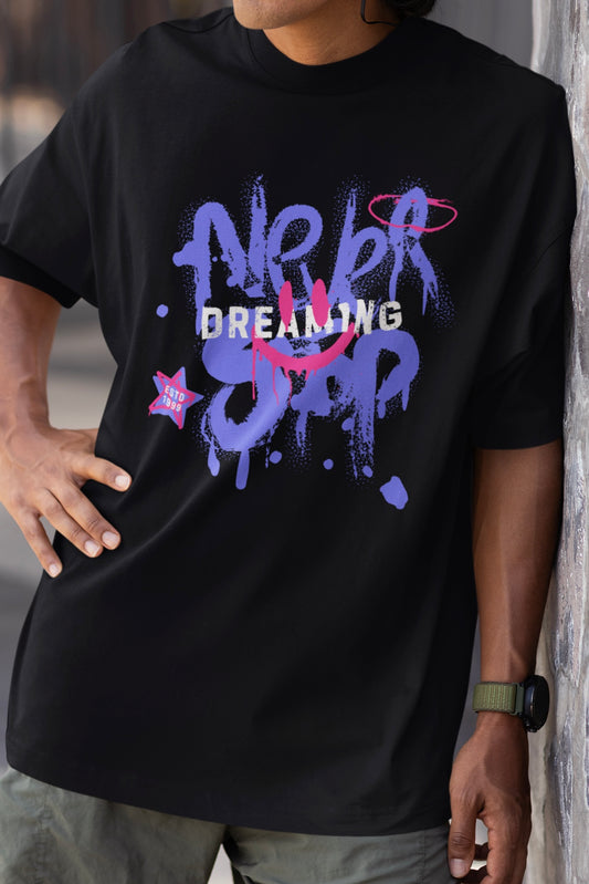 Never Stop Dreaming Graphic Printed Unisex Black Oversized T-shirt