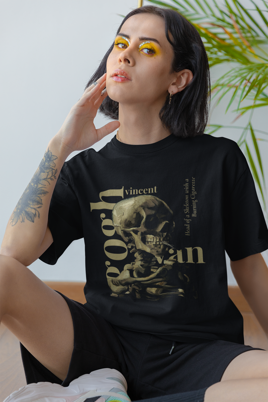 Skull of a Skeleton with Burning Cigarette (Vincent Van Gogh) Graphic Printed Unisex Black Oversized T Shirt