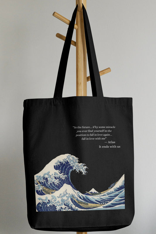 The Great Wave Off Kanagawa with ATLAS Quote Black Tote Bag with Zipper