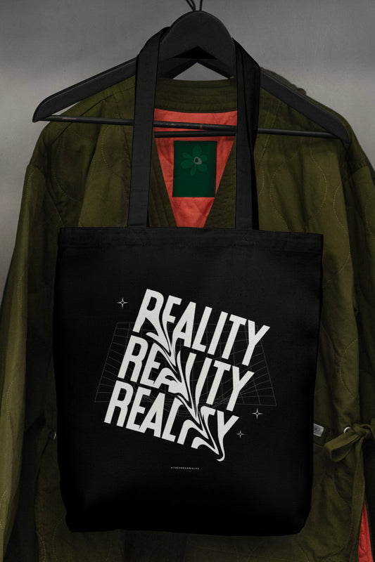 Black Reality Typography Tote Bag with Zipper