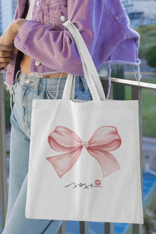 XOXO Pink Bow White Tote Bag with Zipper (Coquette Themed)