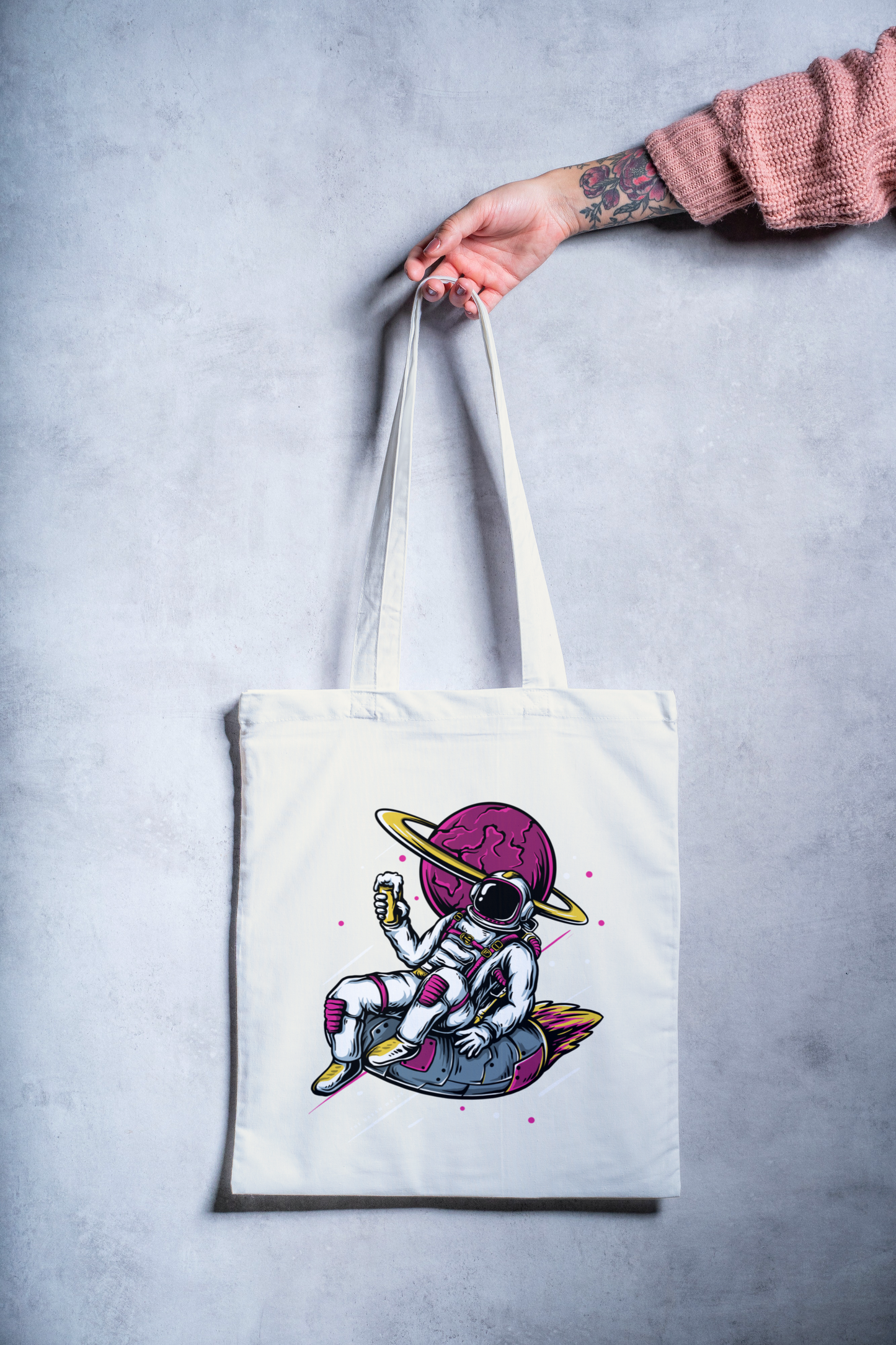 Black/White Astronaut Tote Bag with Zipper