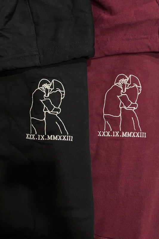 2 Custom Line Art Embroidered Couple Hoodies