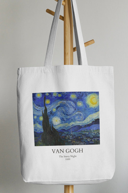Vincent Van Gogh Starry Nights White Tote Bag with Zipper