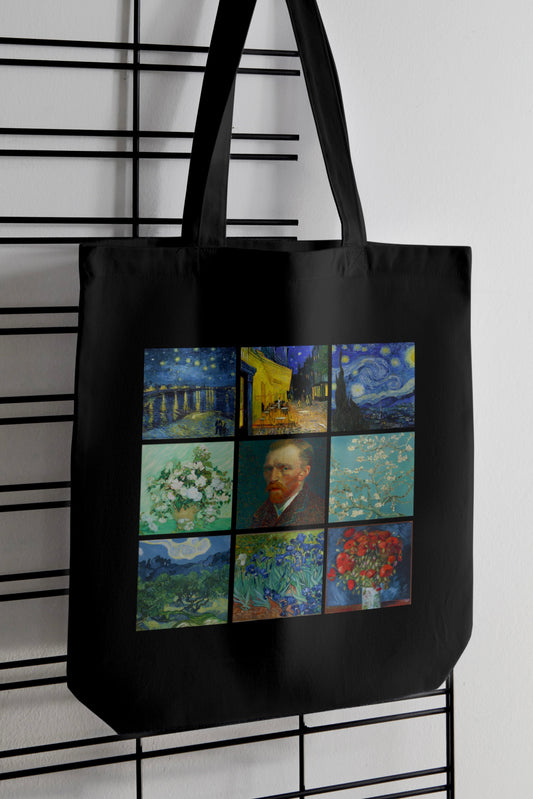 Vincent Van Gogh Collage Black Tote Bag with Zipper