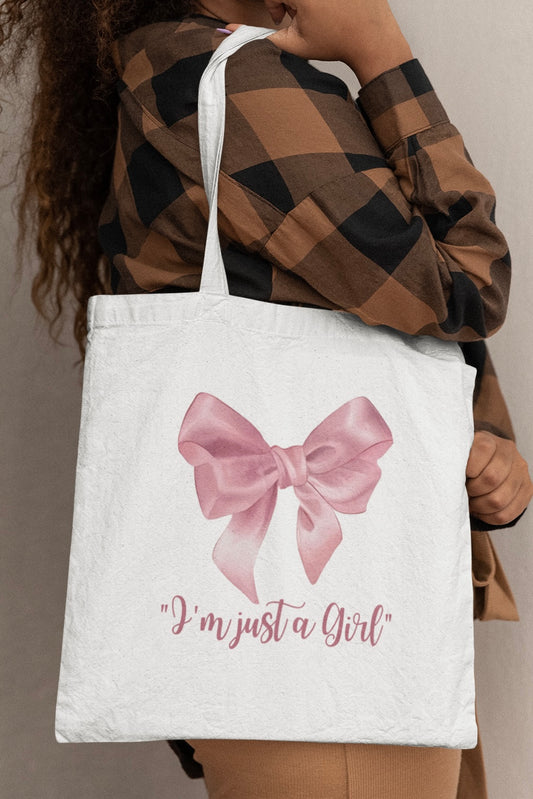 I’m Just A Girl Pink Bow Coquette themed White Tote Bag with Zipper