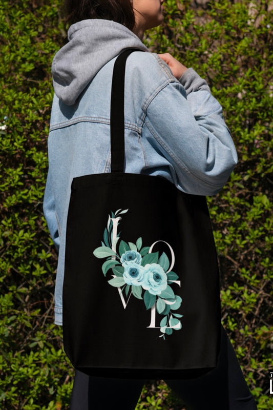 Floral LOVE Black Tote Bag with Zipper