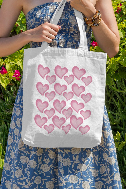 Aesthetic Concentric Pink Hearts White Tote Bag with Zipper