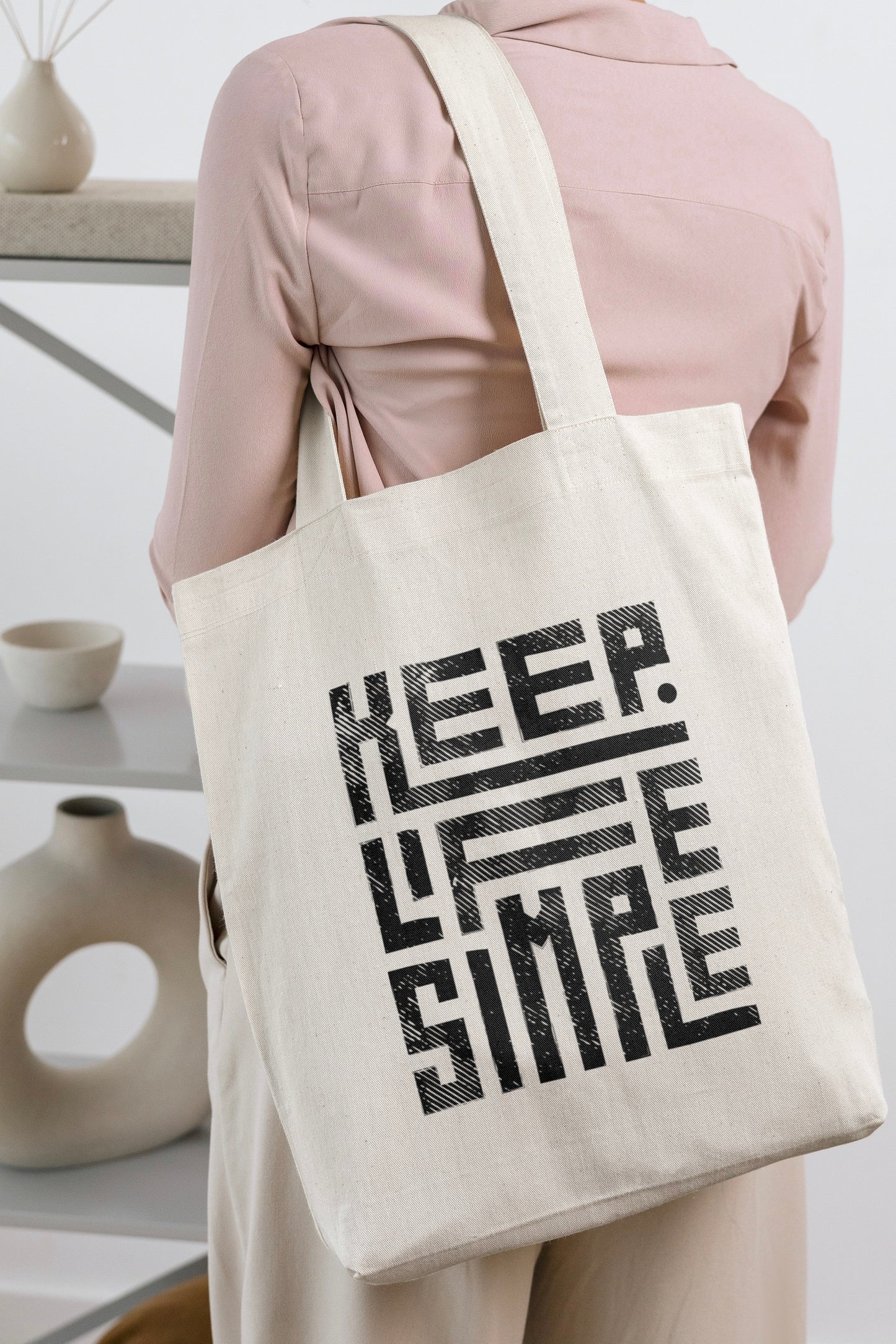 White Keep Life Simple Tote Bag with Zipper