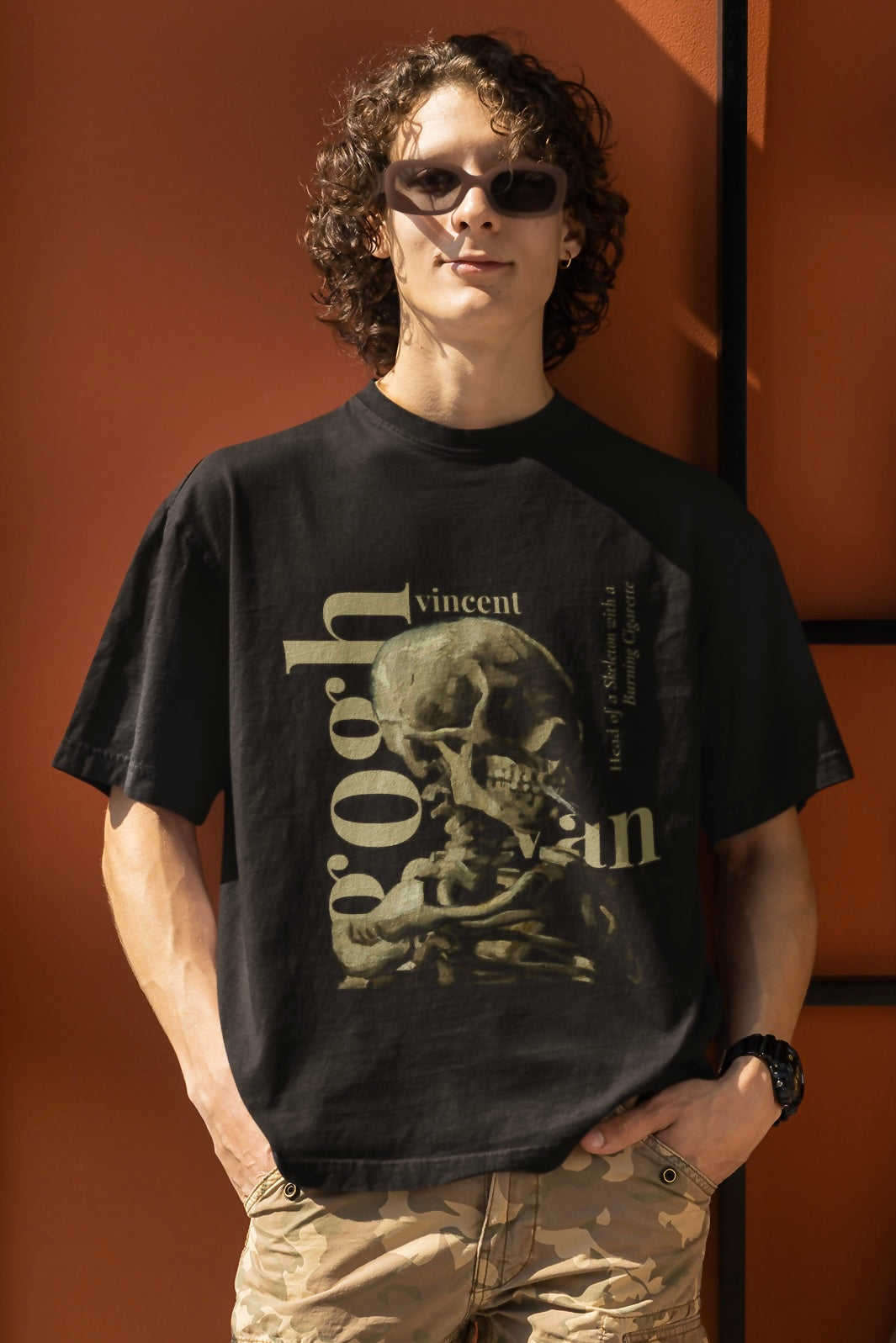 Skull of a Skeleton with Burning Cigarette (Vincent Van Gogh) Graphic Printed Unisex Black Oversized T Shirt
