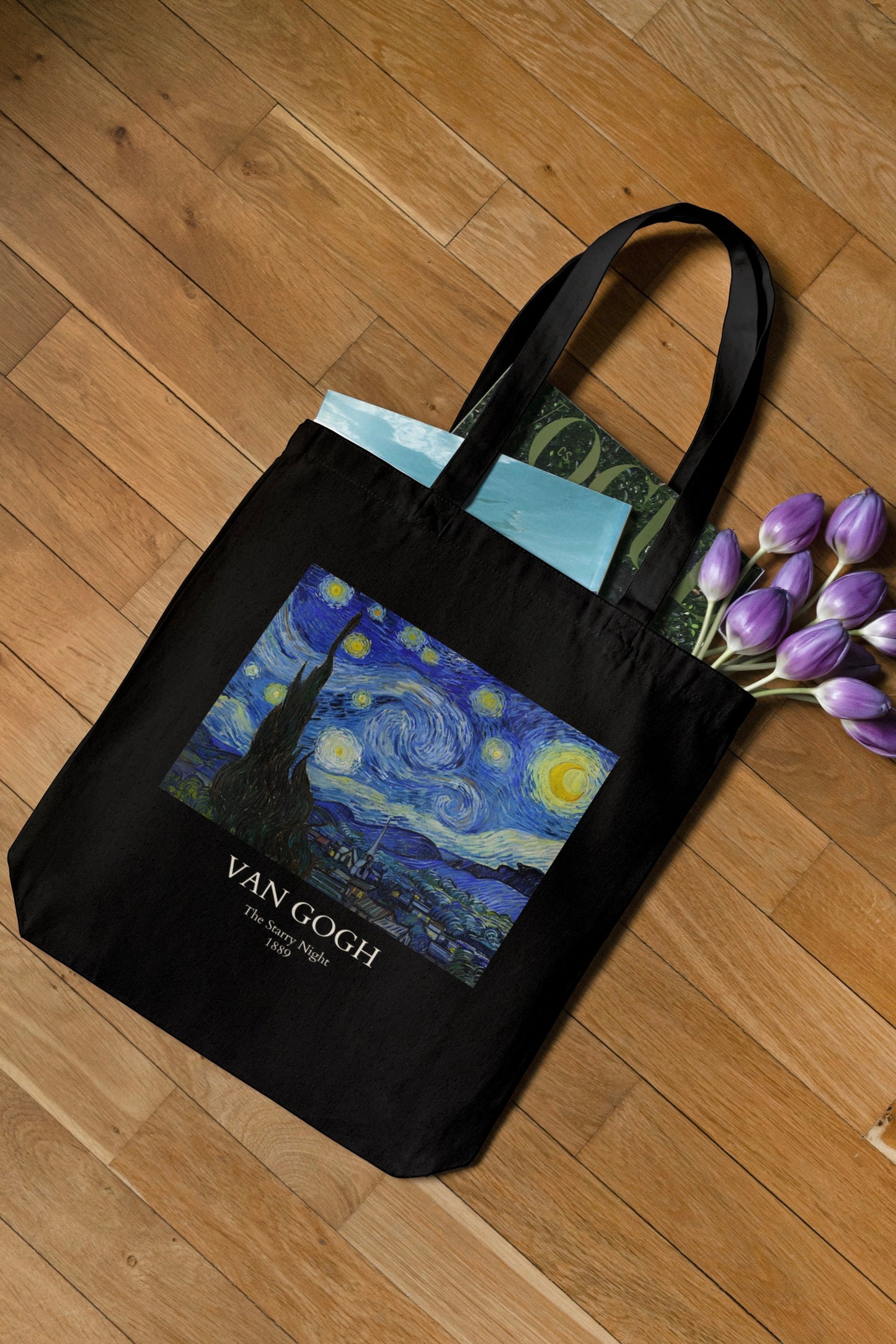 Van Gogh Starry Nights Black Tote Bag with Zipper