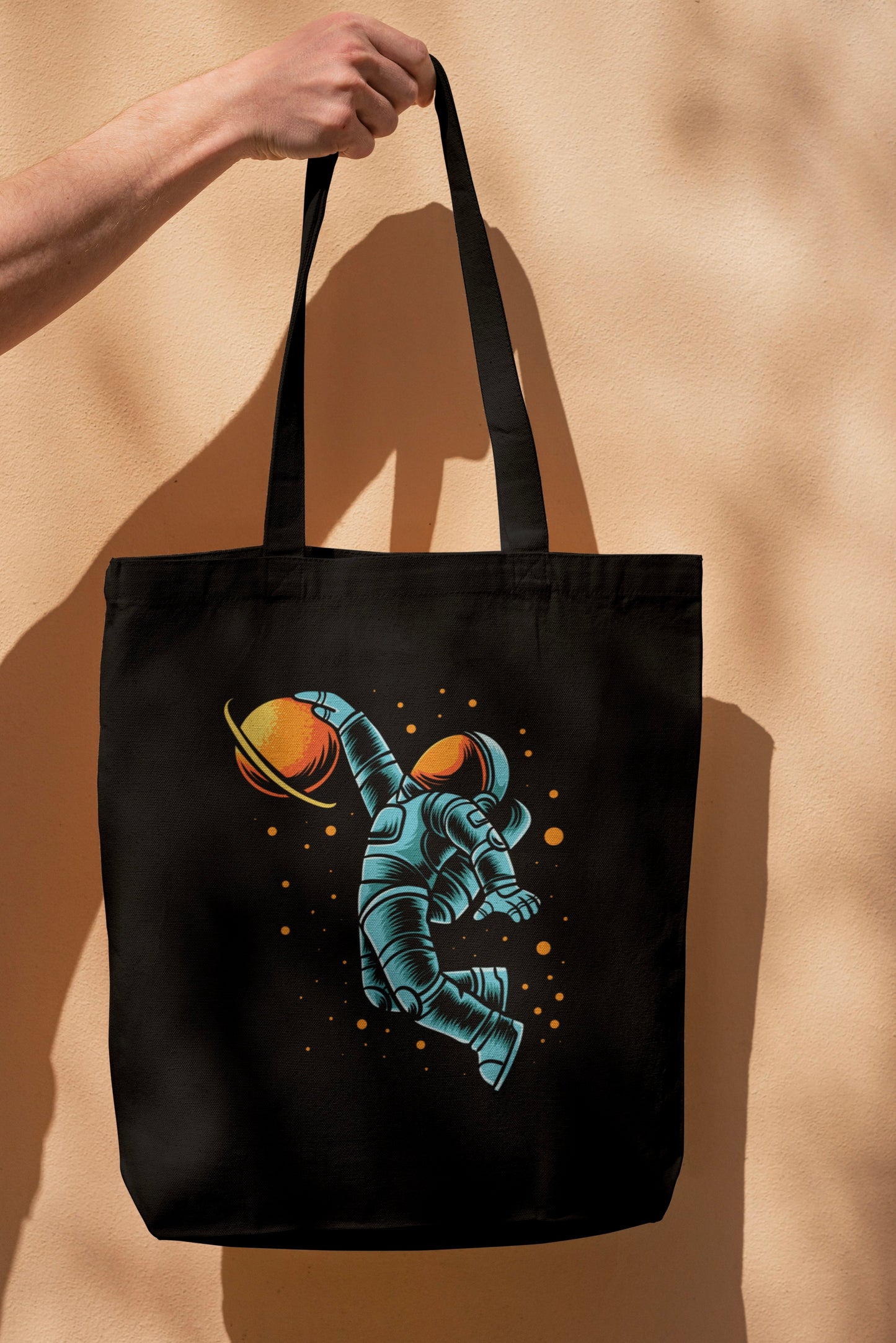 Black/White Flying Astronaut Tote Bag with Zipper