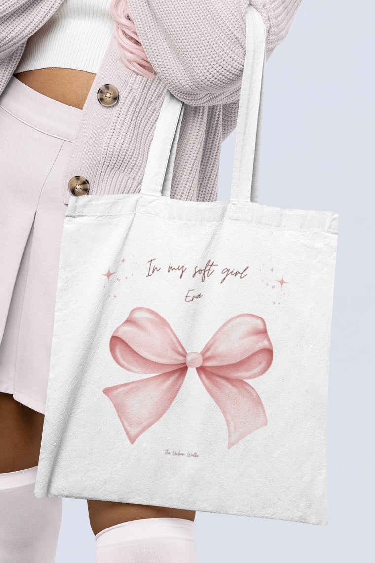 In My Soft Girl Era Pink Bow White Tote Bag with Zipper (Coquette Themed)