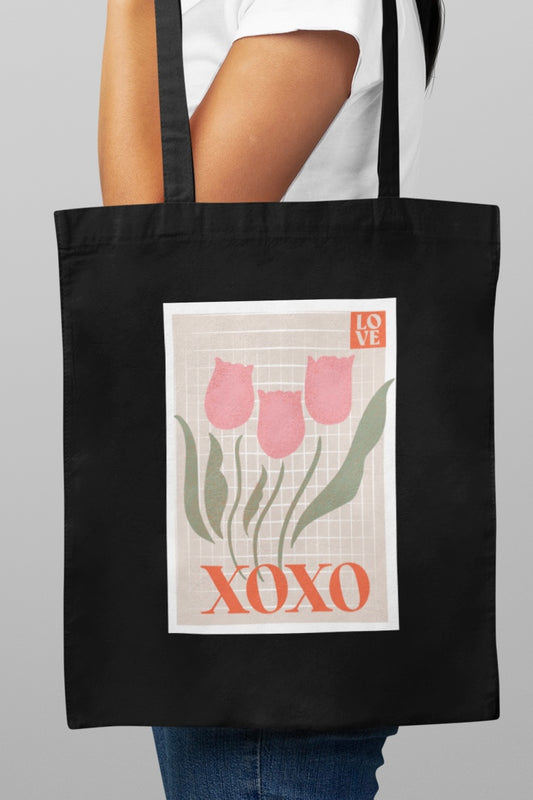 Tulips Stamp XOXO Black/Maroon Tote Bag with Zipper (Coquette Themed)