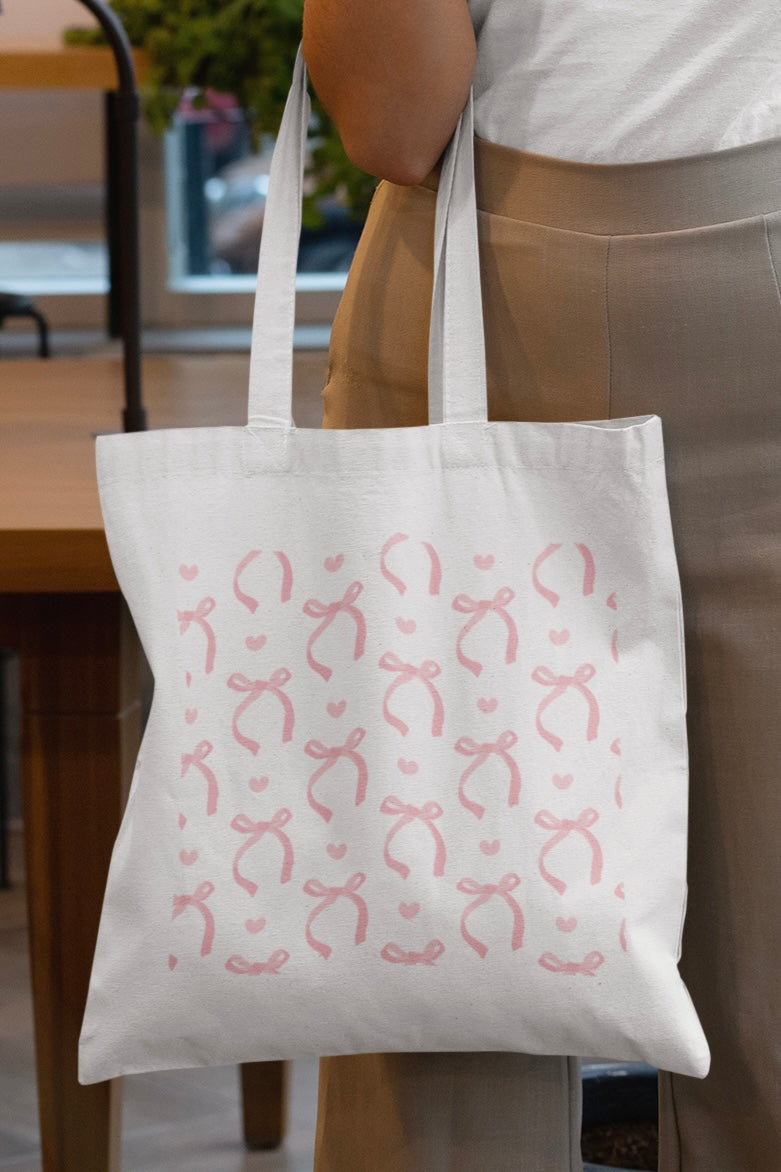 Pink bows and hearts White Tote Bag with Zipper (Coquette Themed)
