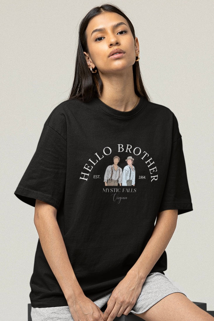 Hello Brother (The Vampire Diaries) Graphic Printed Black Premium Oversized T shirt