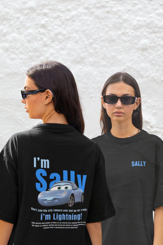 Sally Carrera Lightning CARS Unisex Black Both Side Printed Premium Oversized T-shirt