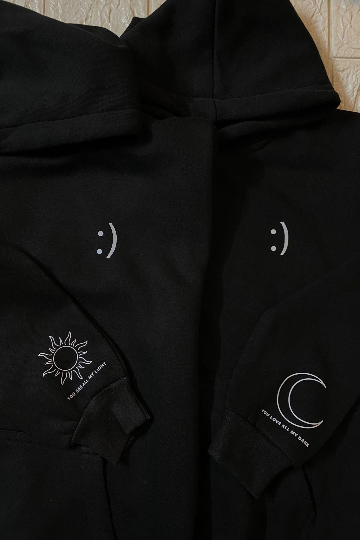 Pack of 2: Smiley Printed Matching Hoodies with Printed Sleeves ( You see all my light and You love all my dark)