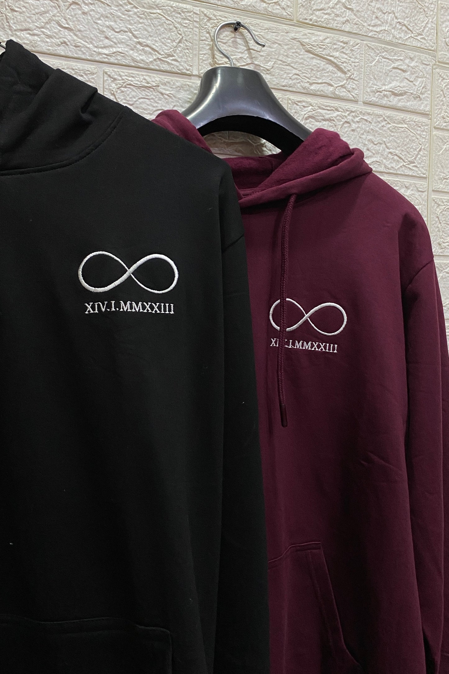 2 Custom Roman Date with Infinity Embroidered Couple Hoodies