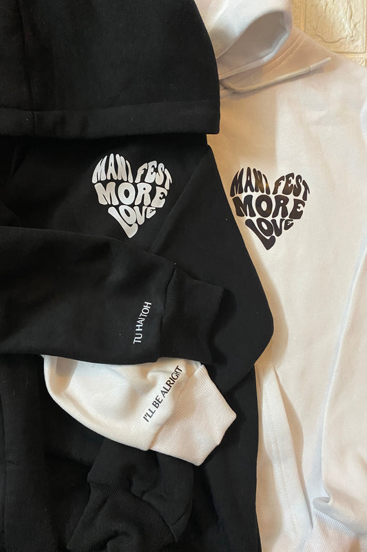 Pack of 2: Manifest More Love Couple Hoodies with Printed Sleeves (Tu Hai Toh, I'll Be Alright)