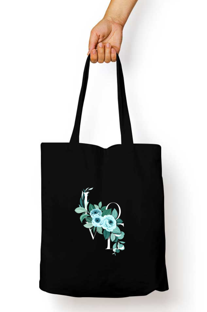 Floral LOVE Black Tote Bag with Zipper